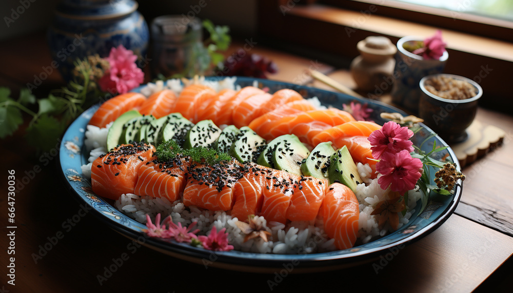 Freshness and variety on a plate, a Japanese culinary delight generated by AI