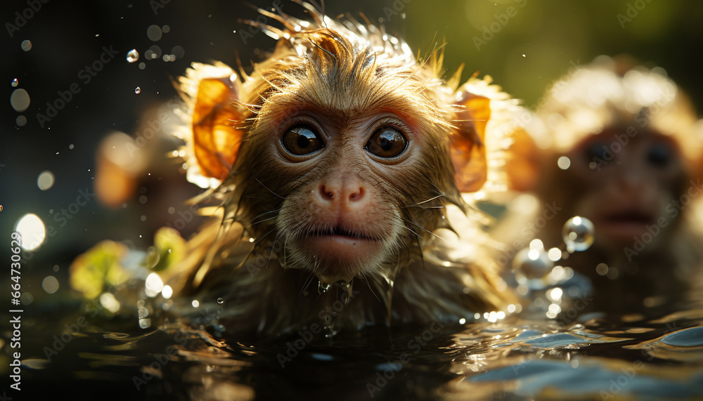 Cute monkey sitting in the wet forest, playful and adorable generated by AI