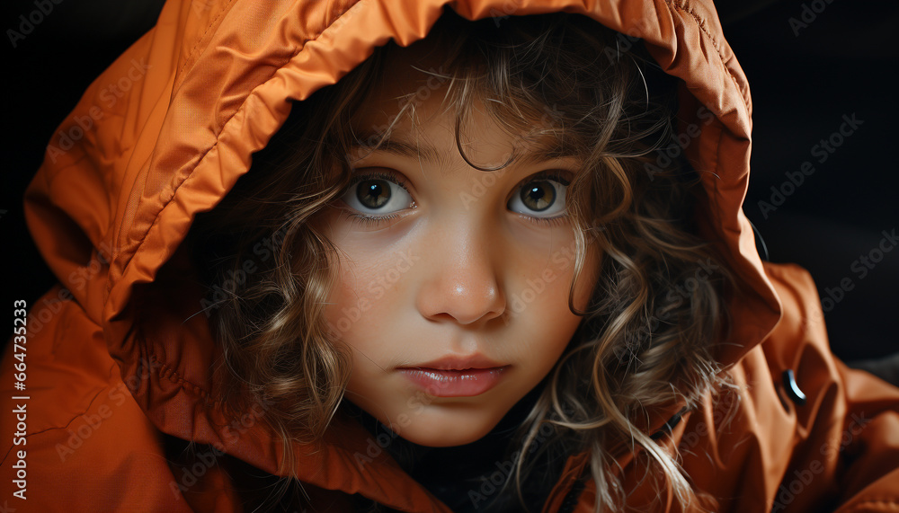 Cute caucasian child looking at camera, wet from the rain generated by AI