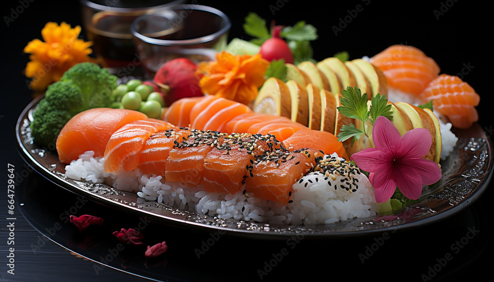Freshness on a plate  seafood, sashimi, rice, maki sushi, and nori generated by AI