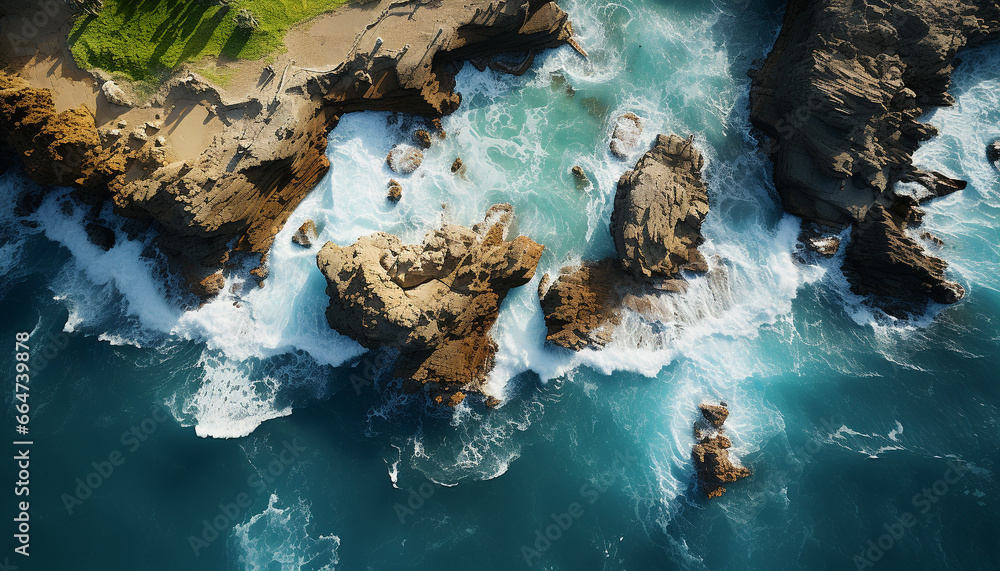 Aerial view of coastline, waves breaking on sandy beach generated by AI