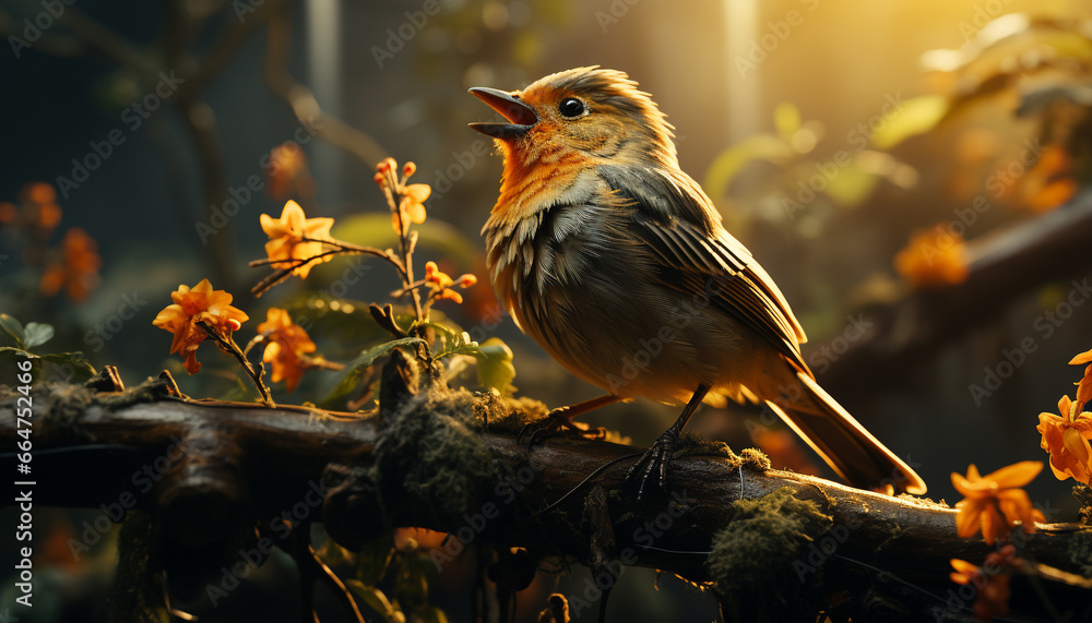 A cute sparrow perching on a branch in the autumn forest generated by AI