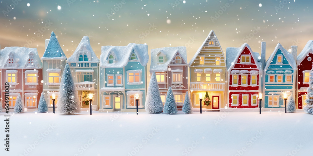 Winter cute town with snow-covered street and cozy houses. Town landscape background, greeting card. Generative AI