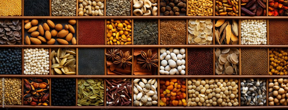 Collection of different aromatic spices, seeds and herbs in a wooden boxes, panoramic view from above. Generative AI