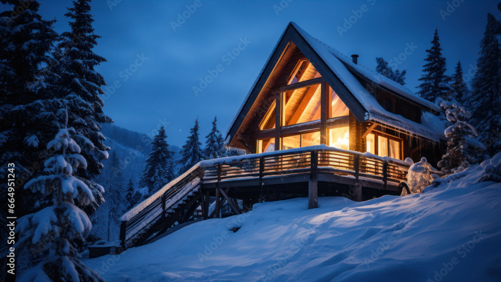 Cottage in the mountains at night. Beautiful winter landscape with wooden house.