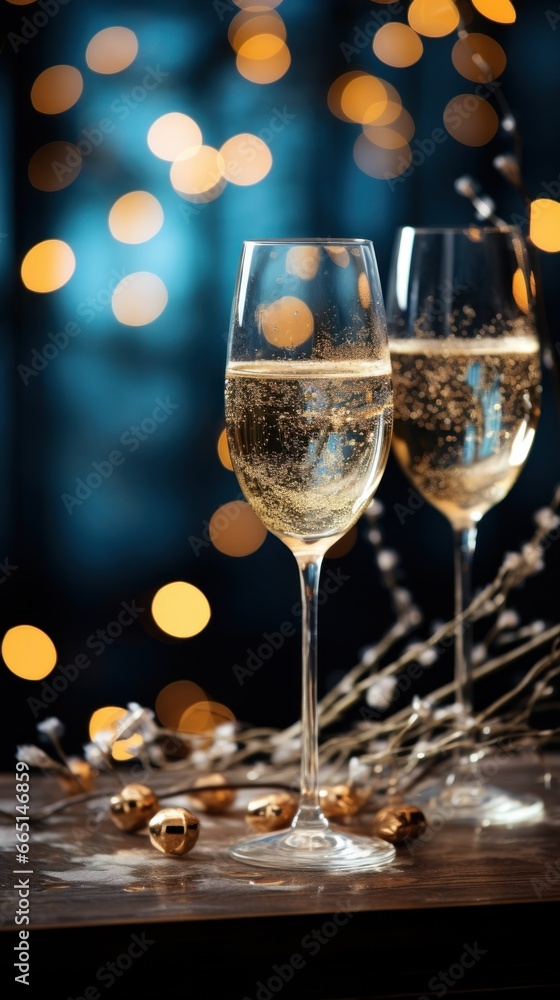 Elegant champagne glasses against a starry night sky