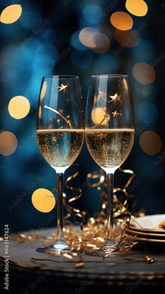 Elegant champagne glasses against a starry night sky