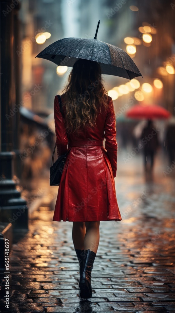 Young woman with red umbrella in the rain