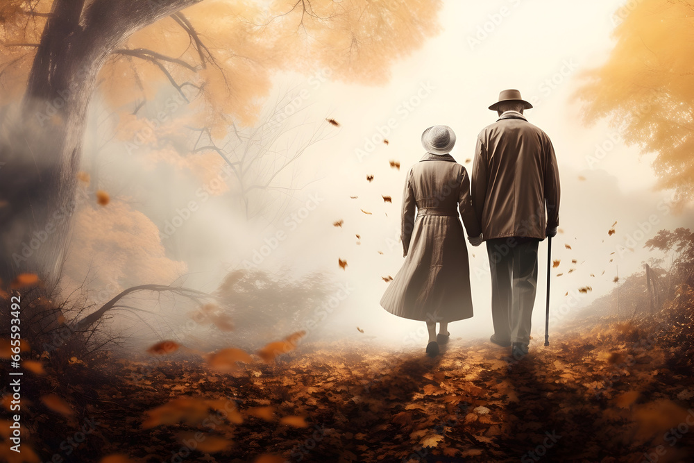 Senior pair walking in autumn forest with falling orange leaves and mist in the background.