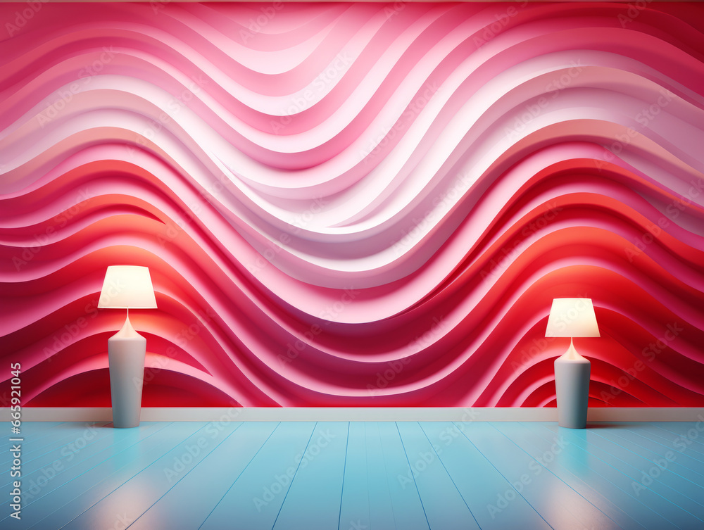 Abstract red background with floor lamp and wave wall. Generative AI
