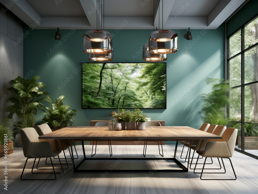 Interior of modern dining room with green walls, wooden floor and long wooden table with beige chairs. Generative AI