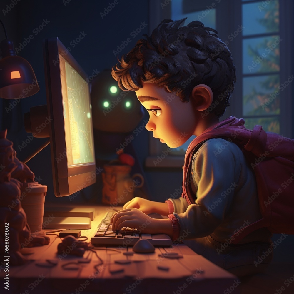 a cartoon of Young Gamer at Computer