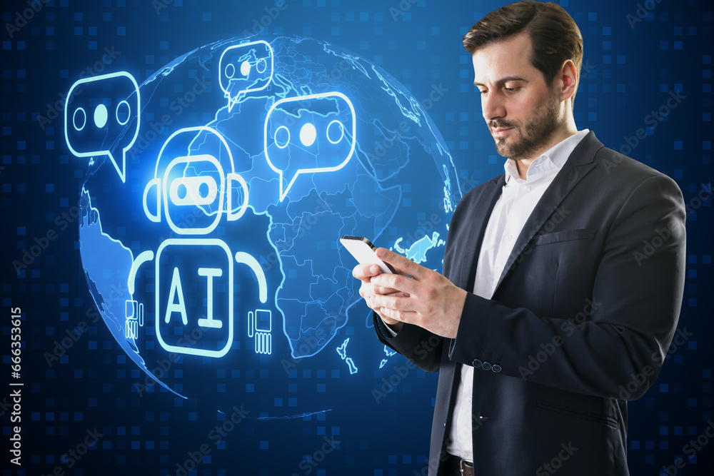 Attractive young european businessman with smartphone and creative glowing robot and globe ai hologram on blurry background. Machine learning, artificial intelligence and innovation concept.