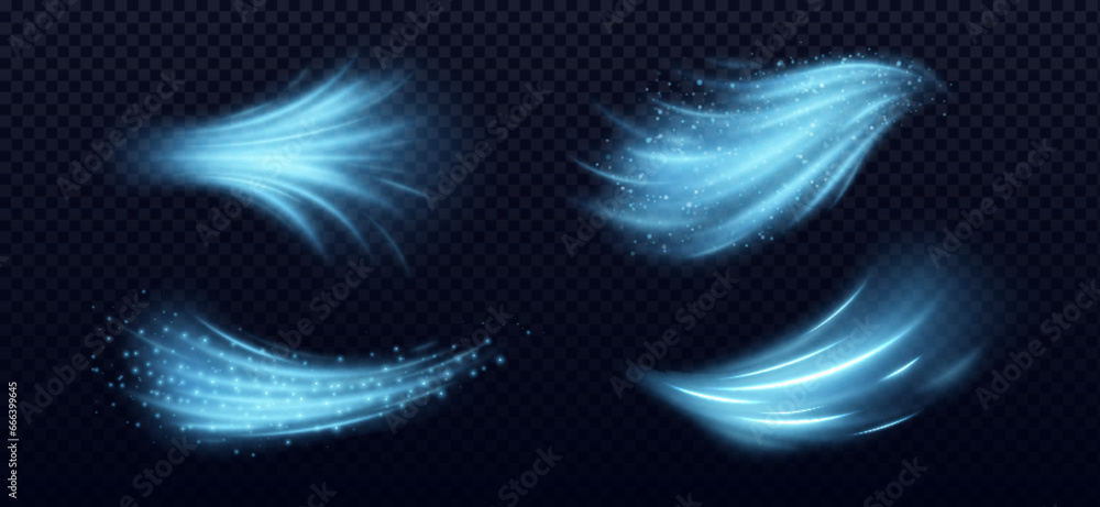 Cool air flow effects set isolated on transparent background. Vector realistic illustration of blue light waves with shimmering particles, cold wind, fresh breeze whirlwind, magic power trail