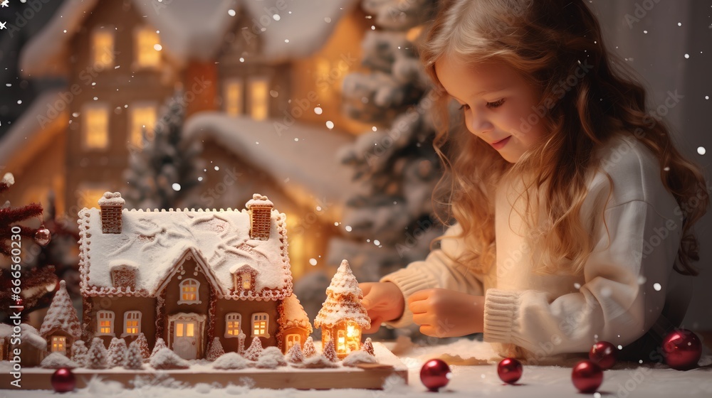 Cute little girl is building a gingerbread house in a cosy, festively decorated home. The warm glow of Christmas lights enhancing the holiday mood and advent time. Happy kid in beautiful home.