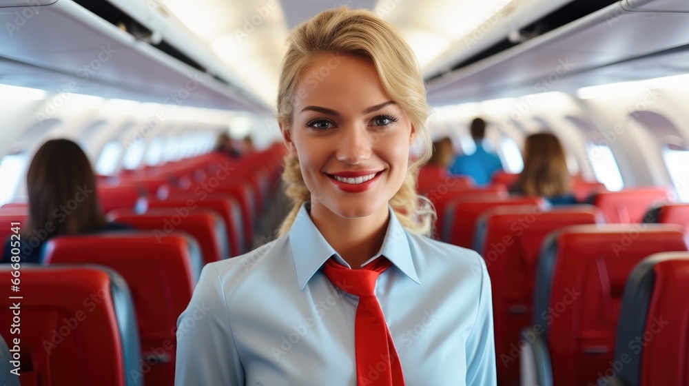 Portrait of smiling air stewardess in airplane.