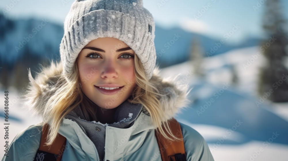 Beautiful woman in warm clothes with snow in winter landscape, Winter hiker or cross country skier.