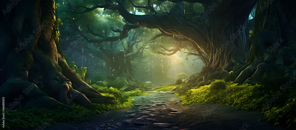 the ancient forest , A beautiful fairytale enchanted forest with big trees and great vegetation.   mystical woodland, winding pathway through a forest	