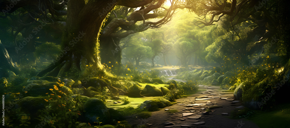 the ancient forest , A beautiful fairytale enchanted forest with big trees and great vegetation.   mystical woodland, winding pathway through a forest	