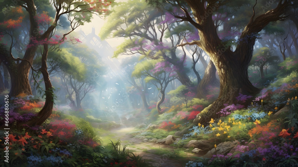 the ancient forest , A beautiful fairytale enchanted forest with big trees and great vegetation.   mystical woodland, winding pathway through a colorful forest	