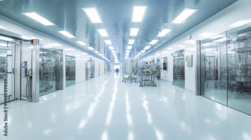 Interior of Pharmaceautical clean room, industrial design for large scale chemical production in controlled sterile conditions.
