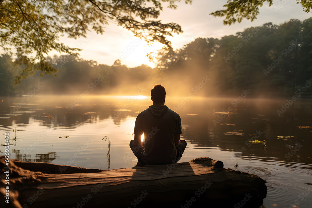 young man practicing meditation and yoga, mindfulness and meditation in a peaceful natural environment