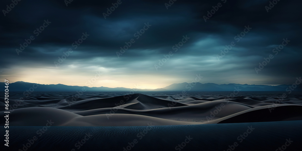 Dramatic sky over desert. Dark clouds over sand dunes. Generative AI