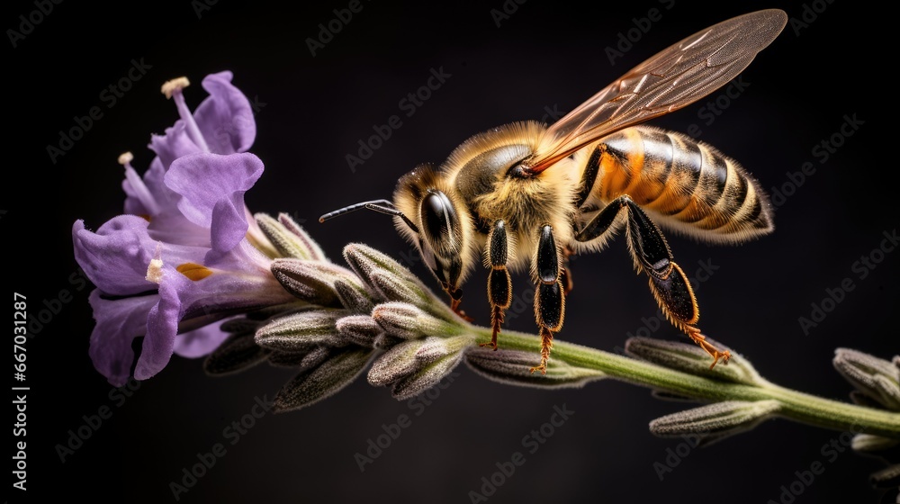  a bee sitting on top of a flower next to a purple flower.  generative ai