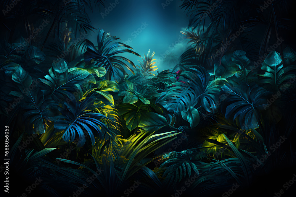 Neon Light with Tropical Leaves, Creative fluorescent color layout made of tropical leaves. Flat lay neon colors. Nature concept.