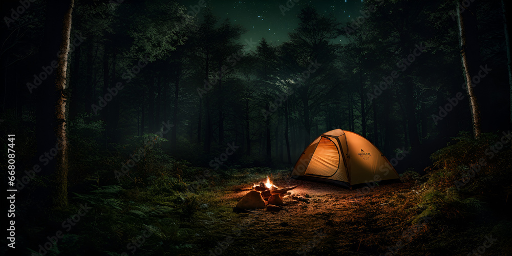 A tent in a dark forest with a fire ,  Night in Nature: Dark Forest Tent with a Warm Campfire
