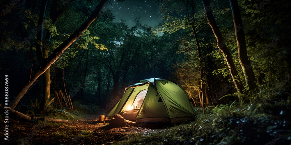 Alone tent standing in wood for night, Night in the Wilderness: Standalone Tent in the Woods 