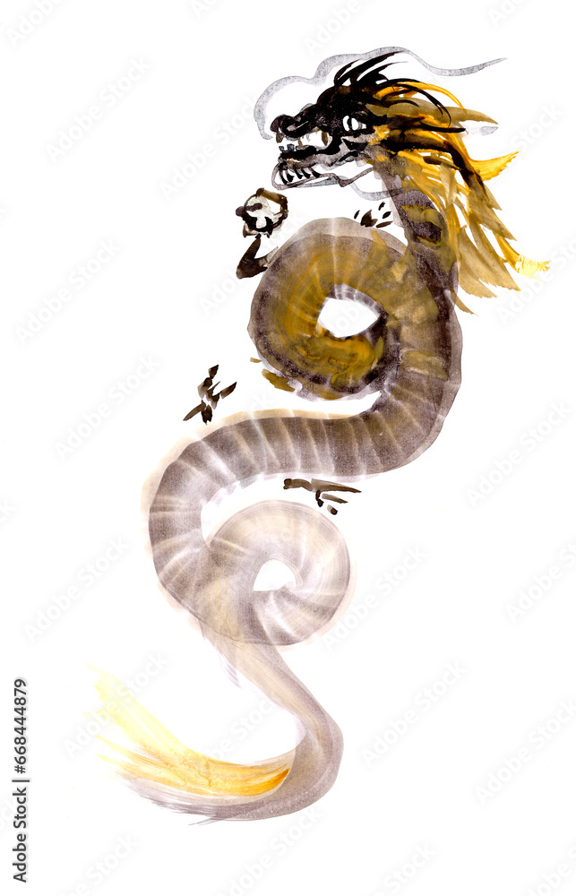 monochrome dragon on white background, chinese brush painting