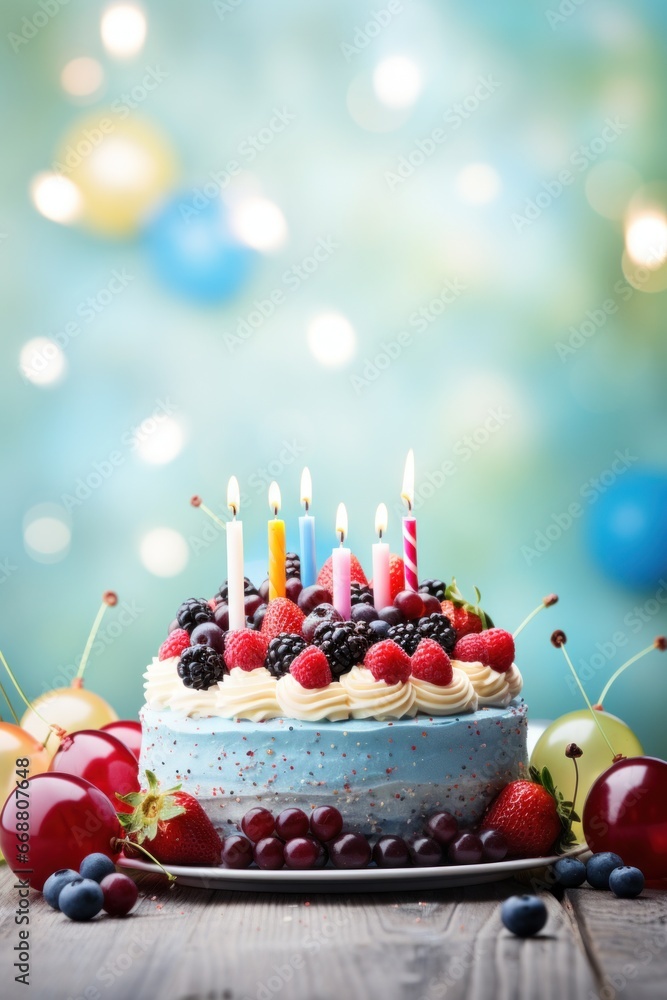 Birthday Cake with Candles and Colorful Party Balloons with space for text