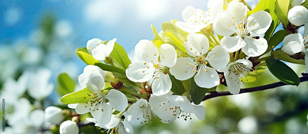 Natures beauty depicted by a blooming white fruit tree on a sunny spring day in the garden