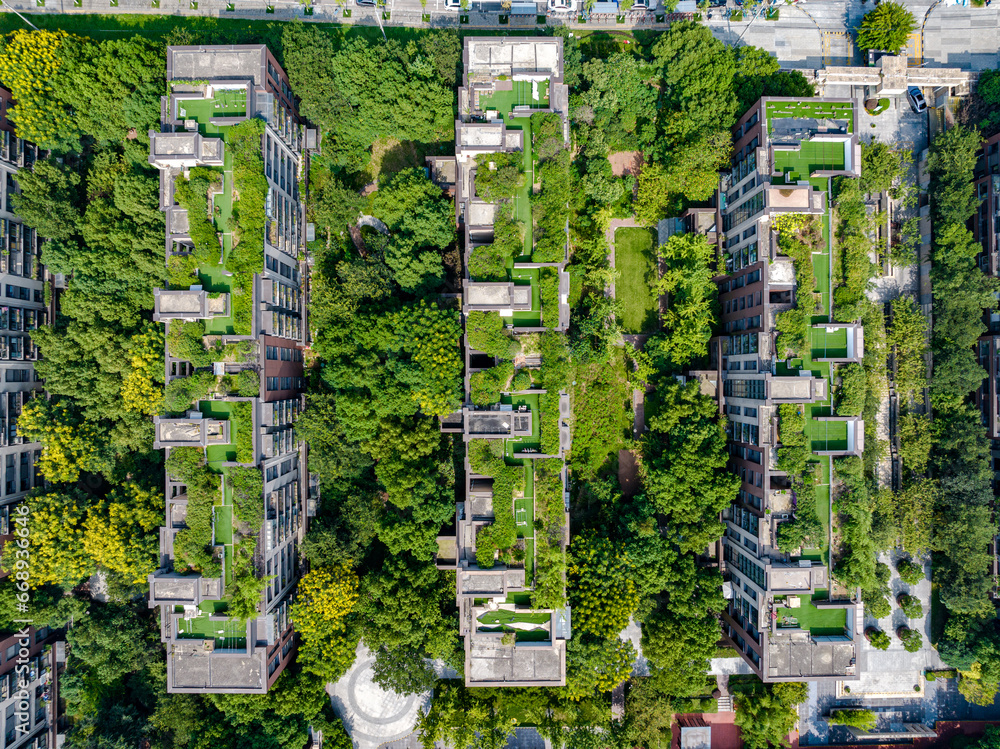Aerial photography of urban residential areas, many green plants, and plants also planted on the roofs