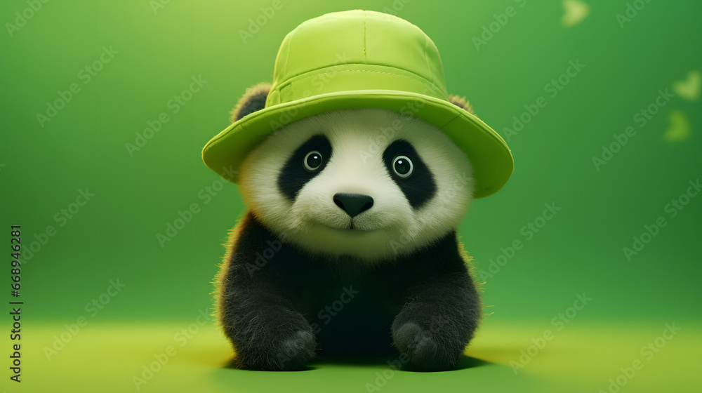 small panda with a green hat on a green background, 3d panda