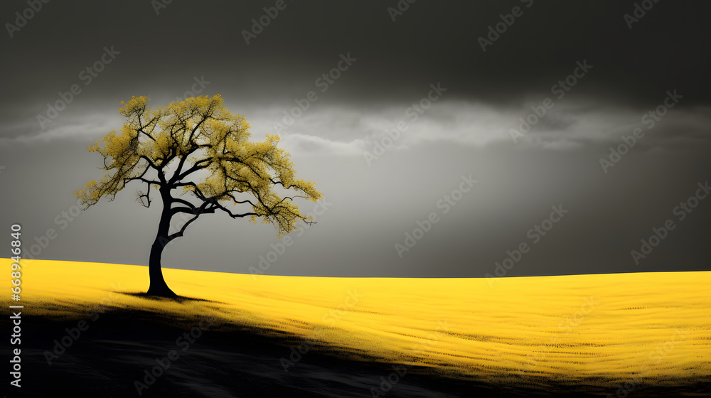 tree on the hill, yellow tree landscape photography serene and calm