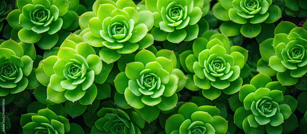 Beautiful green rosettes and leaves of an Aeonium haworthii also known as Pinwheel growing in a pot on the balcony