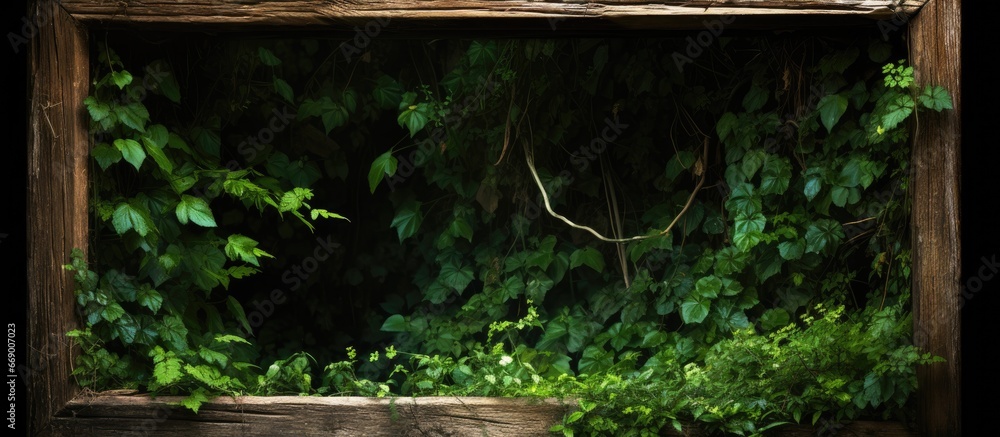 Wooden window surrounded by foliage