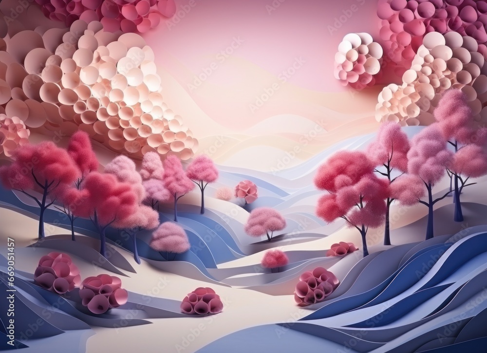 Abstract 3d landscape with the shadows of pink and blue trees.