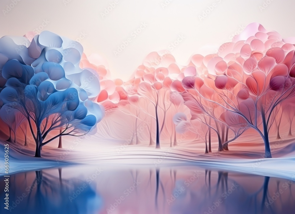 Abstract 3d landscape with the shadows of pink and blue trees.