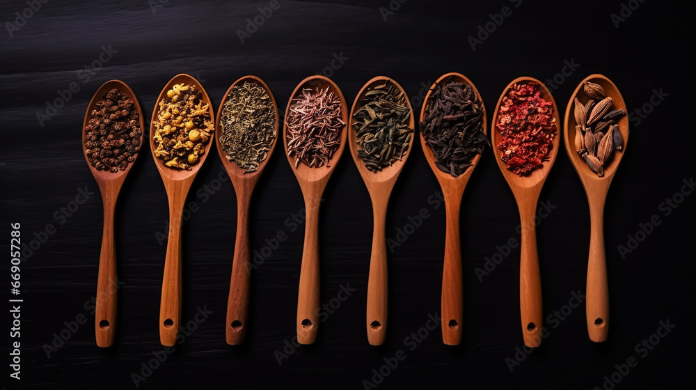 Different types of tea and herbs in vintage wood spoons, top view on dark background. Copy space. Generative AI