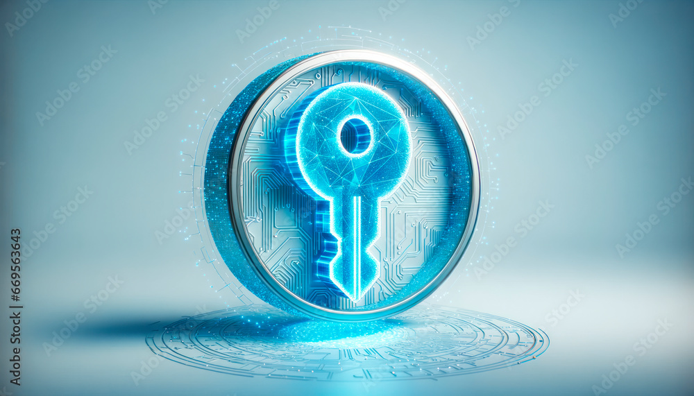 Digital key hologram on blue background. Digital security and data protection concept. Generative AI