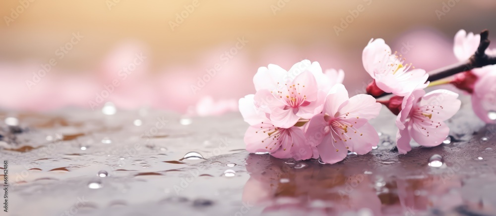 Spring season concept with pink toned cherry blossom petals scattered on the ground creating a romantic atmosphere against a natural background