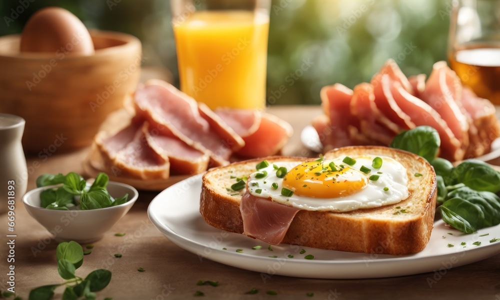 Big breakfast with egg, tomato, bacon and rocket on toast served on rustic wooden board. Heart shaped ham and egg toast with orange juice