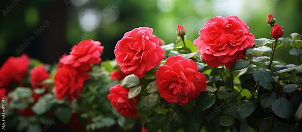 Blooming red roses in the garden in spring