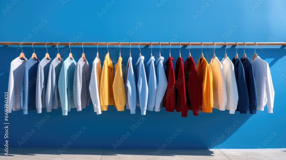 Colorful vibrant colors clothes on a rack with wooden clothes hangers against a bold blue backdrop.