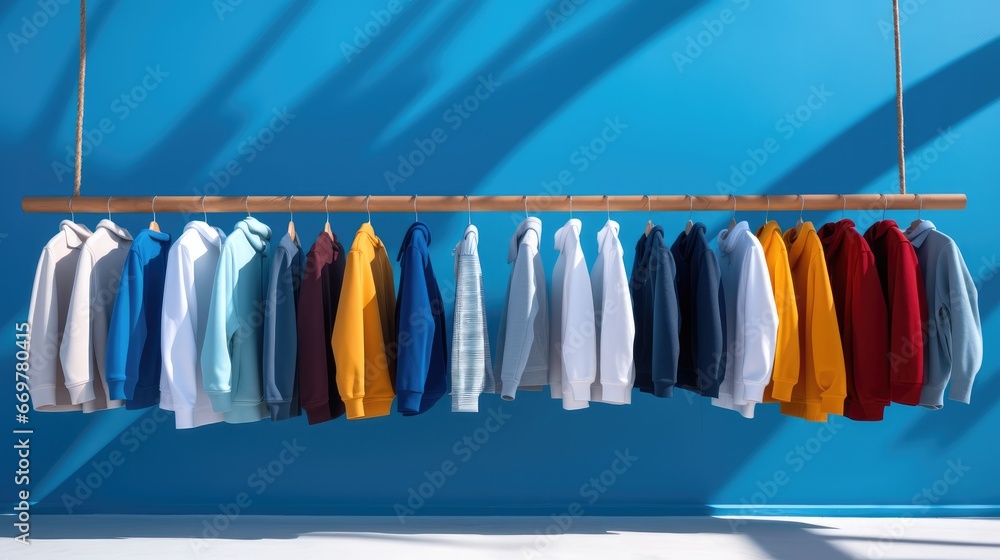 Colorful vibrant colors clothes on a rack with wooden clothes hangers against a bold blue backdrop.