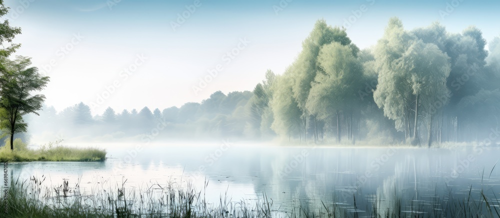 Thick mist in summer woods near pond