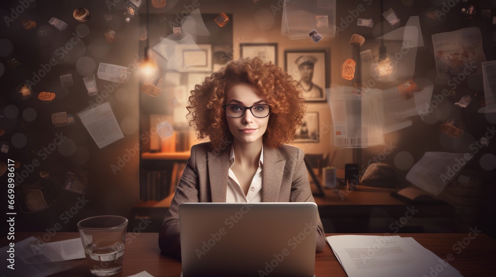HR woman with flying CV and application letters around. Remote hiring and online job interviews using video call. Efficiency of distant HR work from a distance. Busy female from human resources.